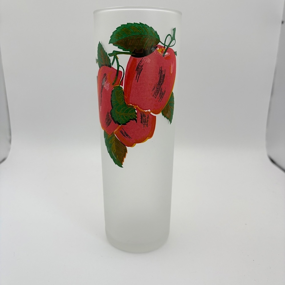 Vintage Frosted 7" Tom Collins Highball Tumbler Glass MCM Red Apples